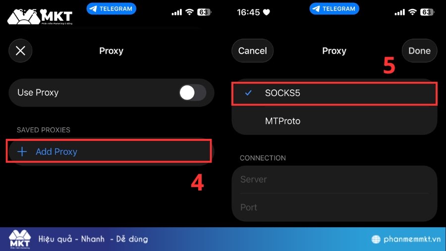Nhập thông tin proxy Máy chủ proxy Telegram