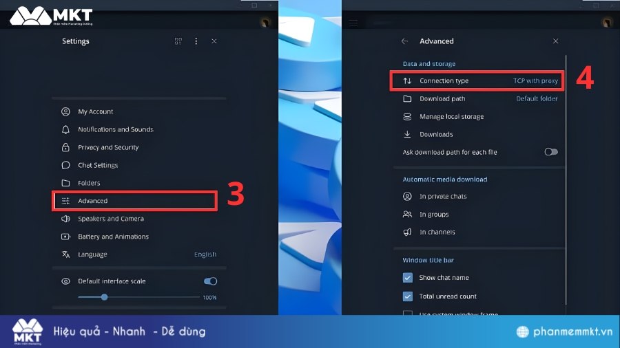 Chọn phần Advanced (Nâng cao) Máy chủ proxy Telegram