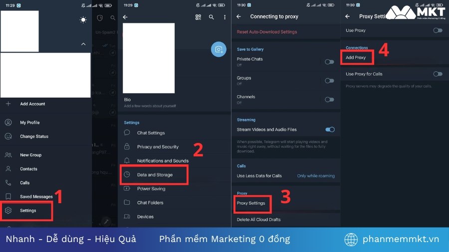 Vào mục cài đặt và add proxy Máy chủ proxy Telegram