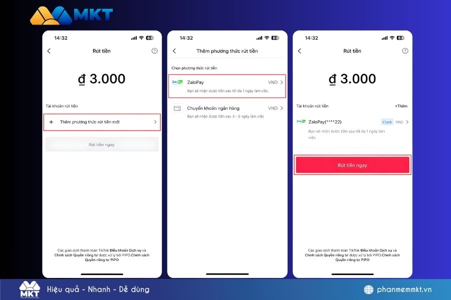 Minh hoạ về 4 bước trong cách rút tiền từ TikTok Pay qua ví điện tử Minh hoạ về 4 bước trong cách rút tiền từ TikTok Pay qua ví điện tử