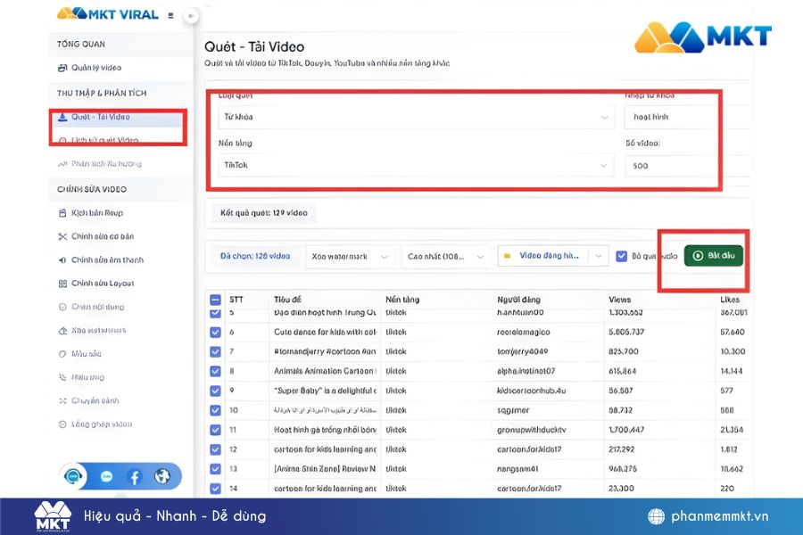Thiết lập các thông số loại quét, số lượng video và từ khoá Thiết lập các thông số loại quét, số lượng video và từ khoá