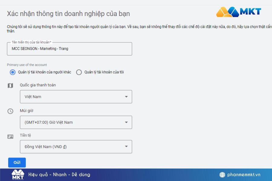 Điền thông tin chi tiết để bắt đầu tạo MCC mới Điền thông tin chi tiết để bắt đầu tạo MCC mới