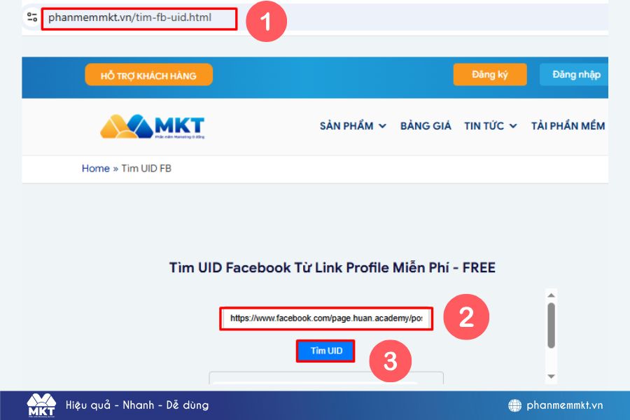 Truy cập phanmemmkt.vn/tim-fb-uid và dán link cần chuyển đổi sang UID Truy cập phanmemmkt.vn/tim-fb-uid và dán link cần chuyển đổi sang UID