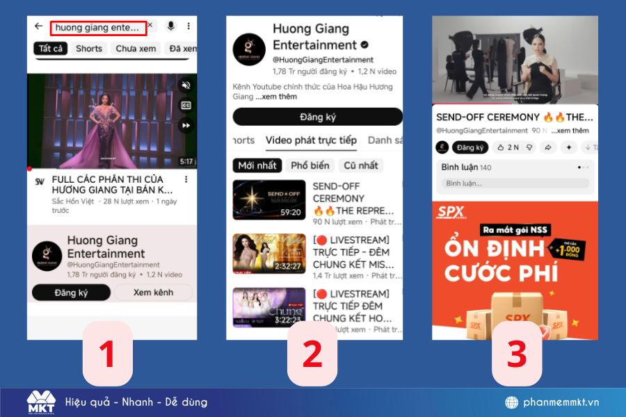 Minh hoạ về 3 bước xem lại livestrean trên YouTube bằng điện thoại Minh hoạ về 3 bước xem lại livestrean trên YouTube bằng điện thoại