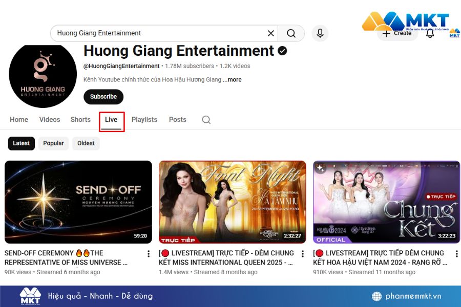 Tại giao diện kênh, chọn tab Trực tiếp/Live Tại giao diện kênh, chọn tab Trực tiếp/Live