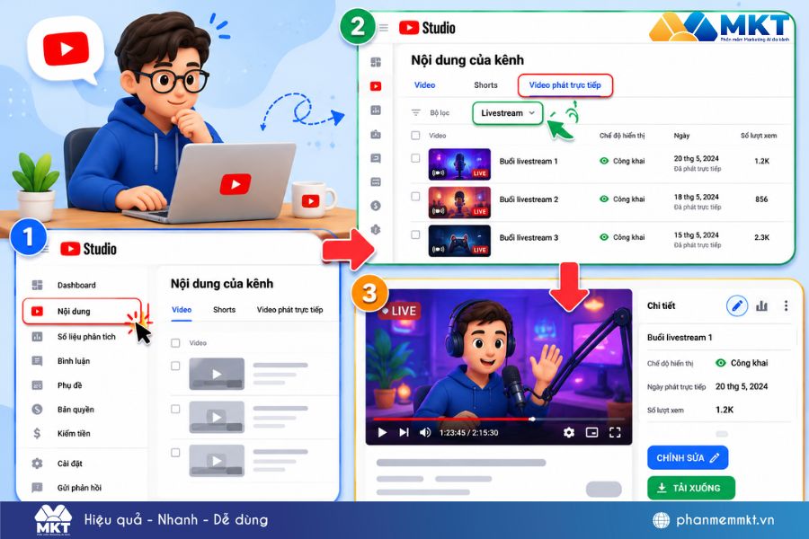 Minh hoạ về 3 bước để chủ kênh xem lại livestream Minh hoạ về 3 bước để chủ kênh xem lại livestream