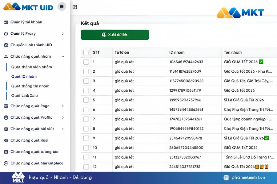 Các ID FB theo từ khoá sẽ được phần mềm MKT UID tổng hợp chỉ với vài click Các ID FB theo từ khoá sẽ được phần mềm MKT UID tổng hợp chỉ với vài click