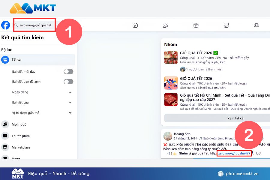Minh hoạ về bước 1, 3 tìm link nhóm Zalo trên ứng dụng FB Minh hoạ về bước 1, 3 tìm link nhóm Zalo trên ứng dụng FB