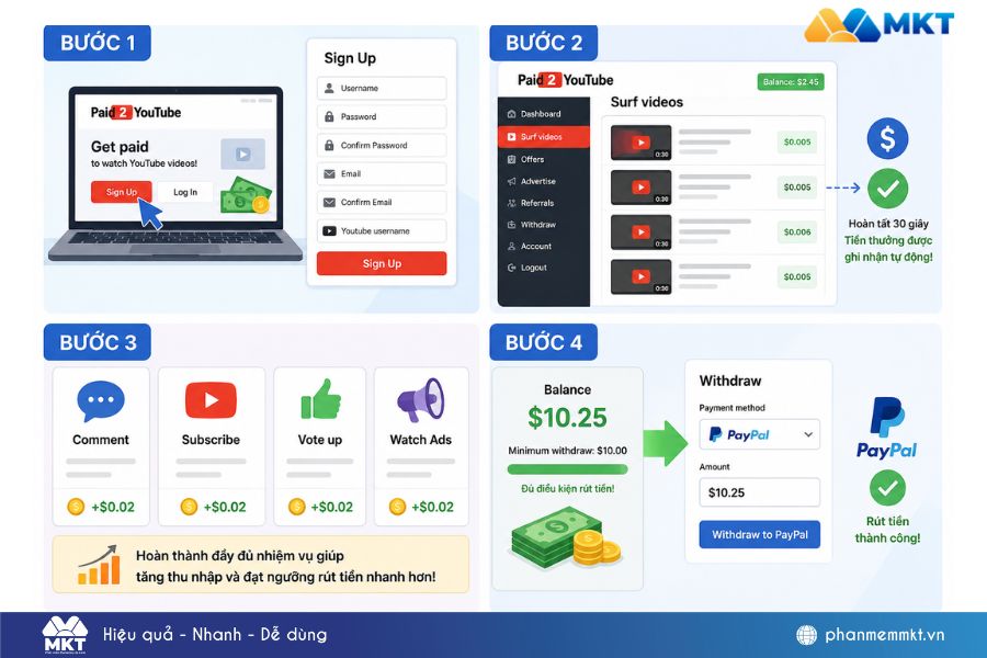 Minh hoạ về 4 bước kiếm tiền khi xem video YouTube bằng Paid2Youtube Minh hoạ về 4 bước kiếm tiền khi xem video YouTube bằng Paid2Youtube