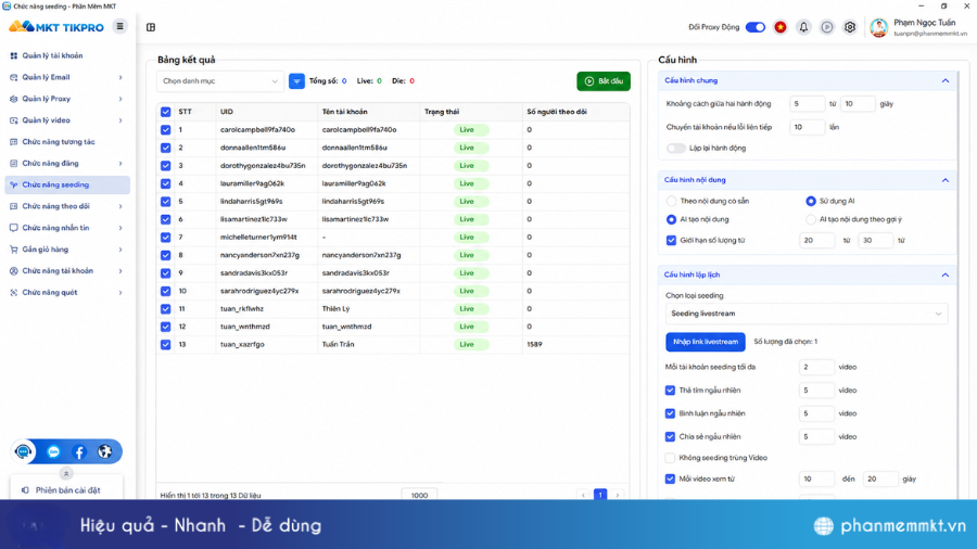 Seeding Livestream TikTok tự động bằng MKT TikPro 4 Cấu hình Seeding Livestream trên TikPro