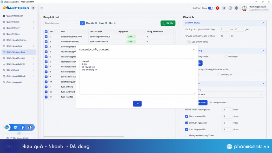 Seeding Livestream TikTok tự động bằng MKT TikPro 3 Cấu hình Seeding Livestream trên TikPro