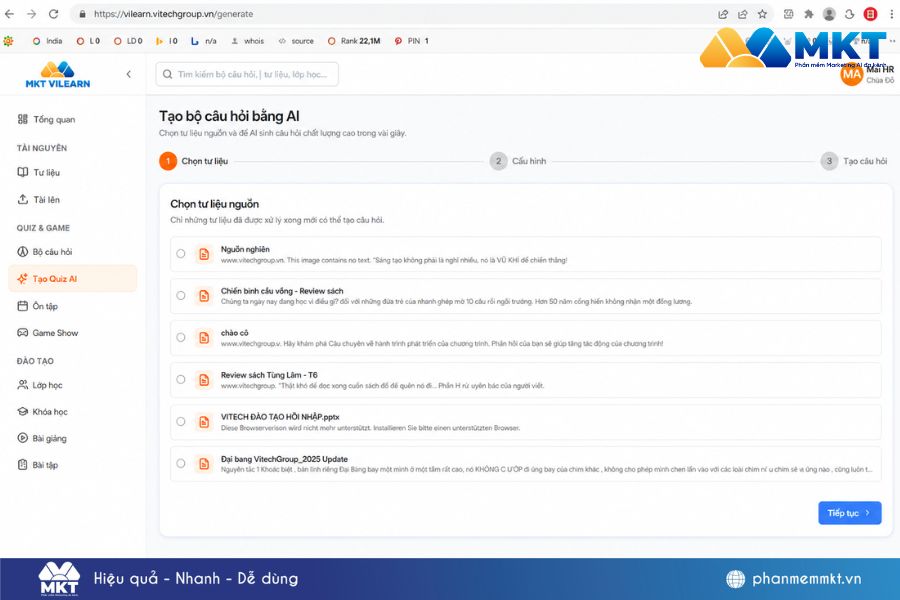Cách AI tạo câu hỏi trắc nghiệm chỉ trong 2 phút với VI LEARN 2 AI tạo câu hỏi trắc nghiệm