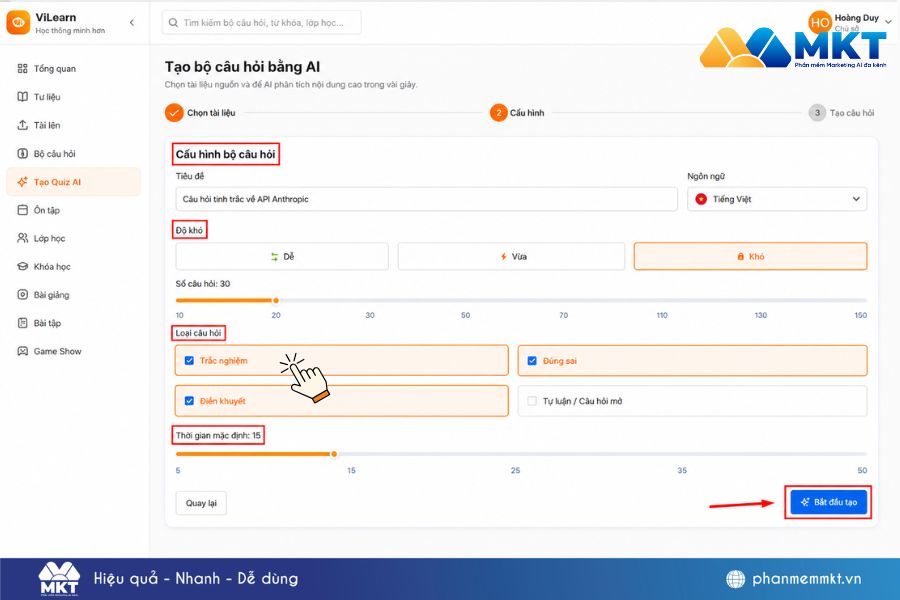 Cách AI tạo câu hỏi trắc nghiệm chỉ trong 2 phút với VI LEARN 3 AI tạo câu hỏi trắc nghiệm