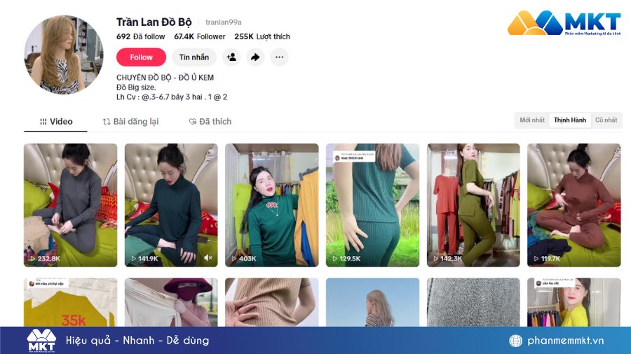 Chủ kênh TikTok Trần Lan Đồ Bộ tăng 150% tương tác phiên live bán quần áo nhờ MKT TikPro 2 Kênh TikTok Trần Lan Đồ Bộ