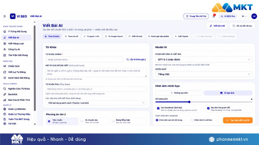 VI SEO - Phần mềm SEO Onpage auto viết bài SEO, đăng website 2 Giao diện viết bài SEO bằng AI trên VI SEO