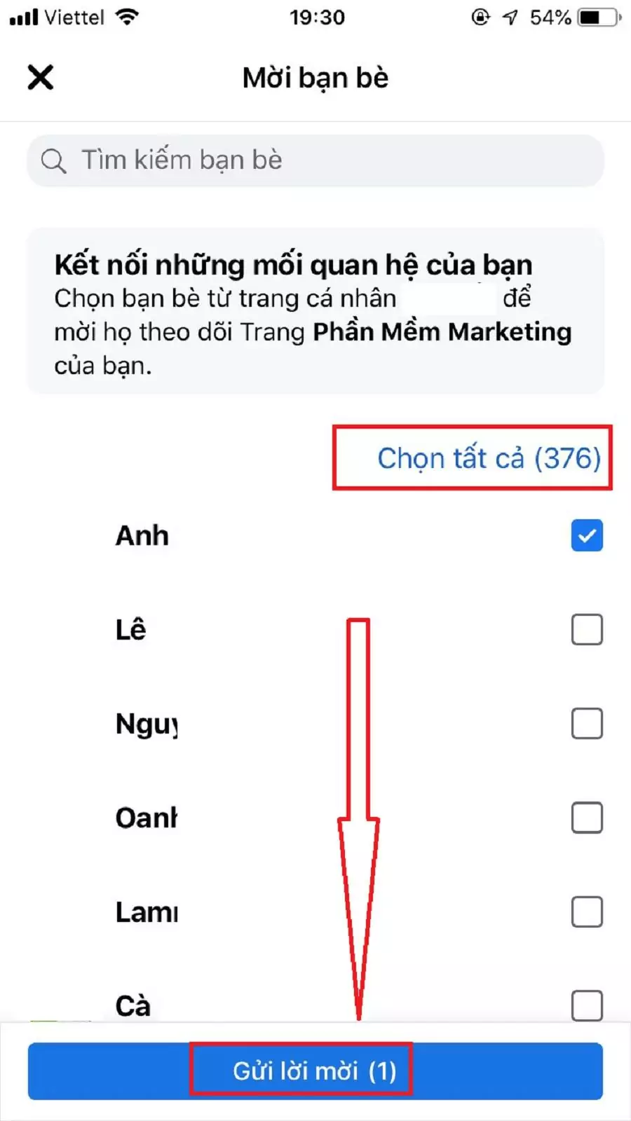 Gửi lời mời thích Trang