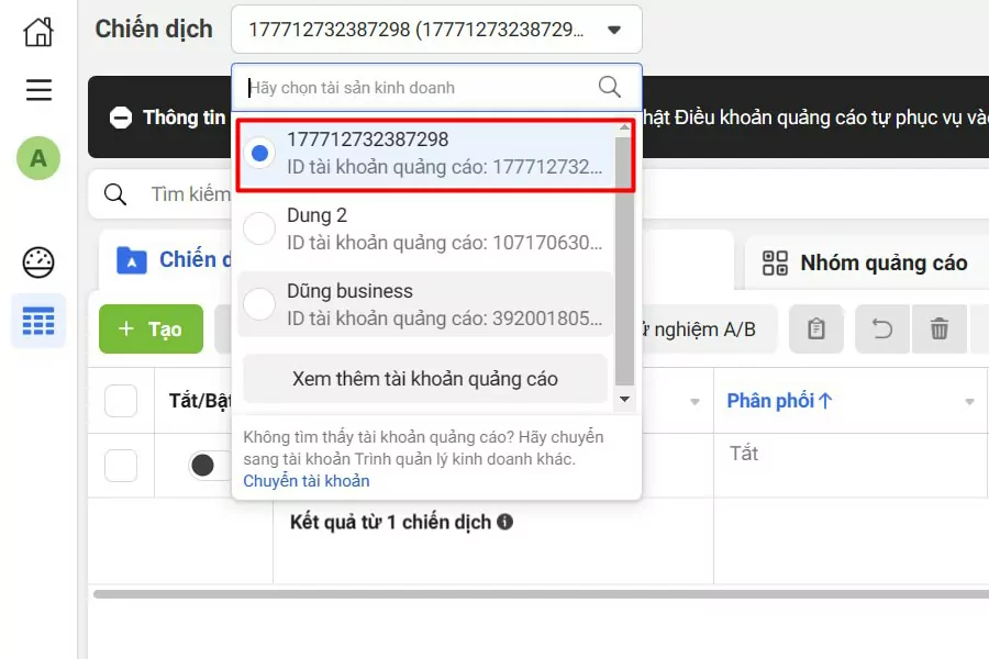 Chọn tài khoản quảng cáo