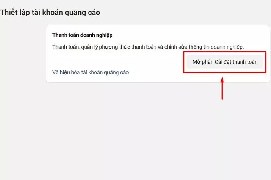 Truy cập vào Mở phần cài đặt thanh toán