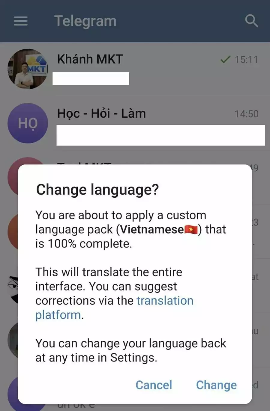 cài đặt tiếng việt cho telegram