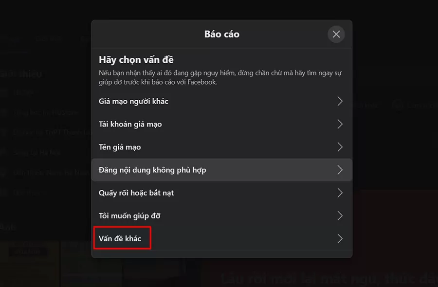Chọn vào Vấn đề khác