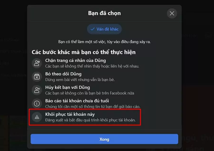 Chọn Khôi phục tài khoản này