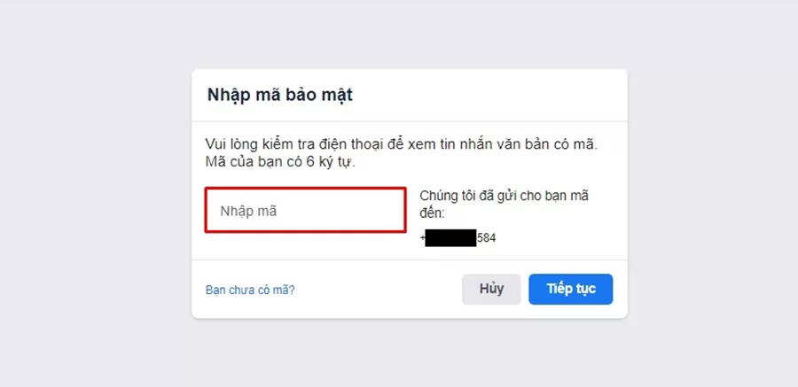 Nhập mã code gửi về sau đó nhấn Tiếp tục