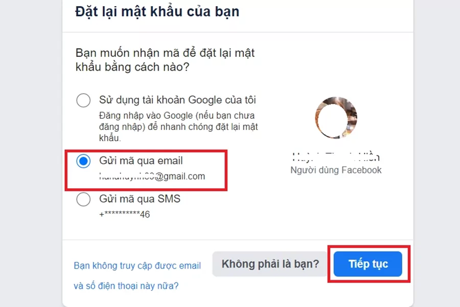 Chọn Gửi mã qua email rồi nhấn Tiếp tục