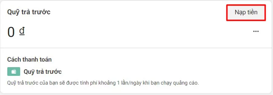 Nhấp vào Nạp tiền để nạp tiền vào Quỹ trả trước