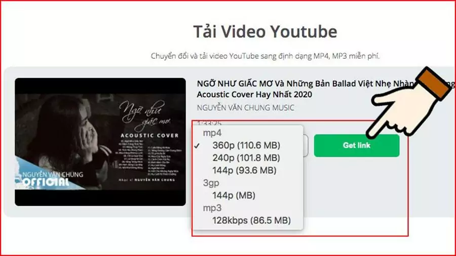 Chọn định dạng video và nhấn Get link