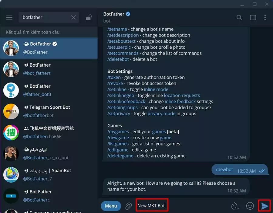 Nhập tên cho Bot Telegram
