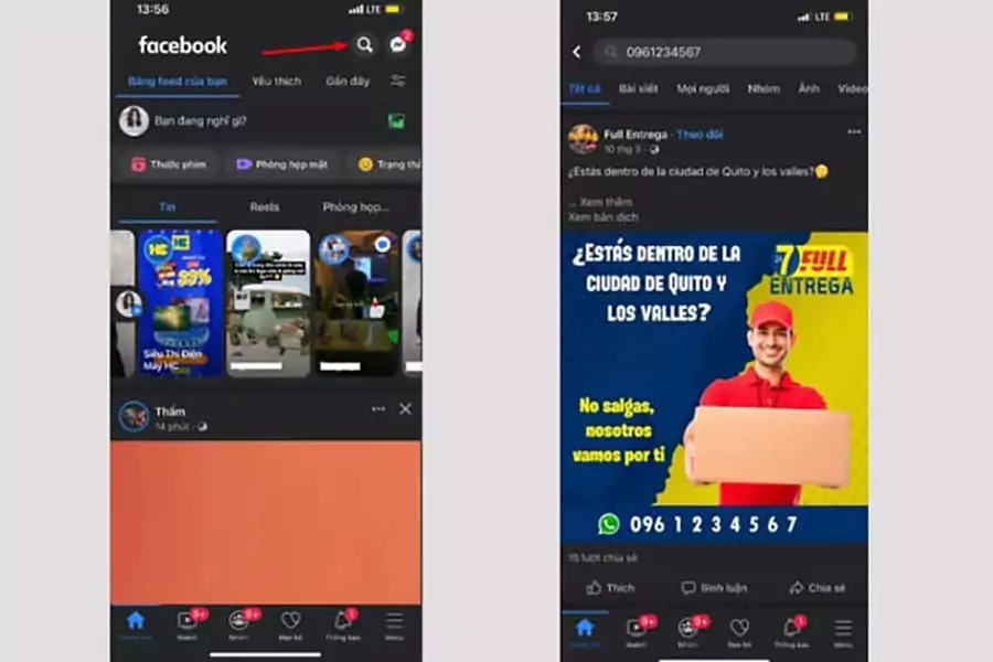 Cách tìm nick Facebook qua số điện thoại bằng thanh tìm kiếm