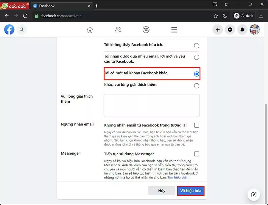 Chọn lý do vô hiệu hóa tài khoản