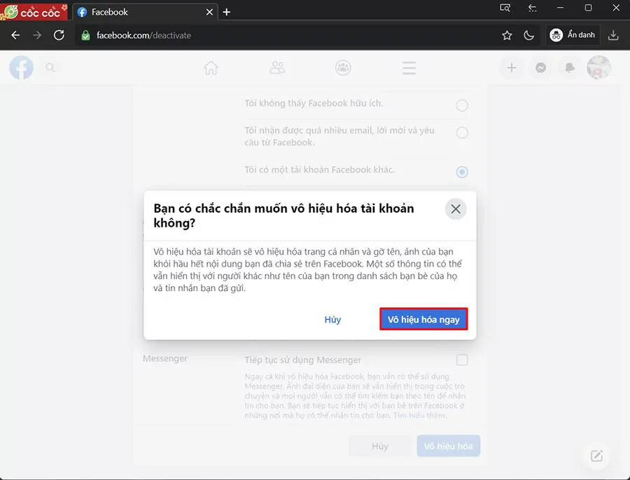Xác nhận vô hiệu hóa tài khoản Facebook