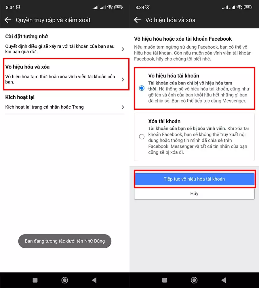Tick chọn Vô hiệu hóa tài khoản sau đó nhấn Tiếp tục vô hiệu hóa tài khoản