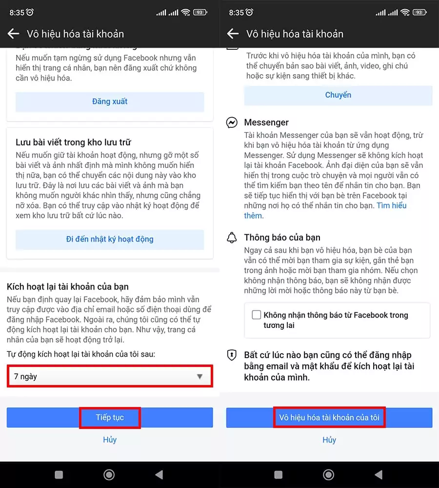 Chọn thời gian vô hiệu hóa và xác nhận khóa tài khoản Facebook