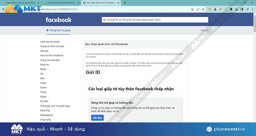 Giao diện trang xác minh danh tính với Facebook