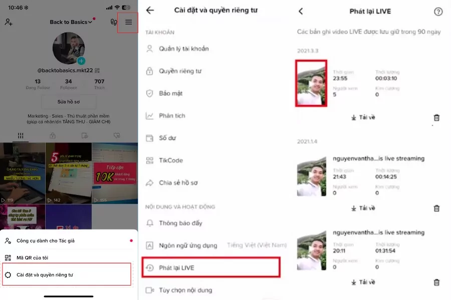 cách phát lại live trên tiktok