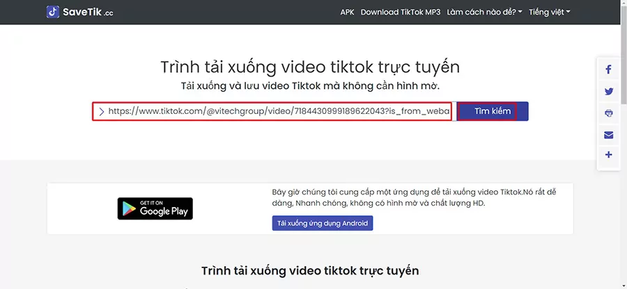 Dán link video vào và nhấn Tìm kiếm