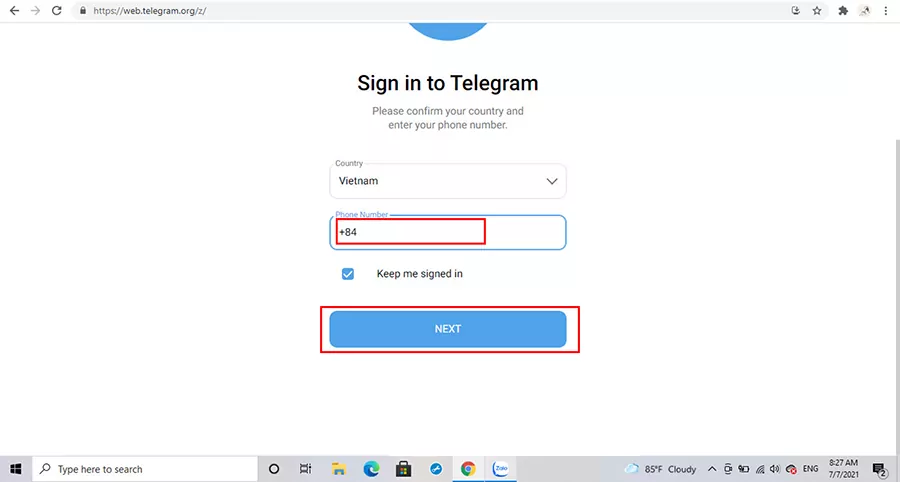 Nhập số điện thoại đăng ký Telegram và nhấn Next