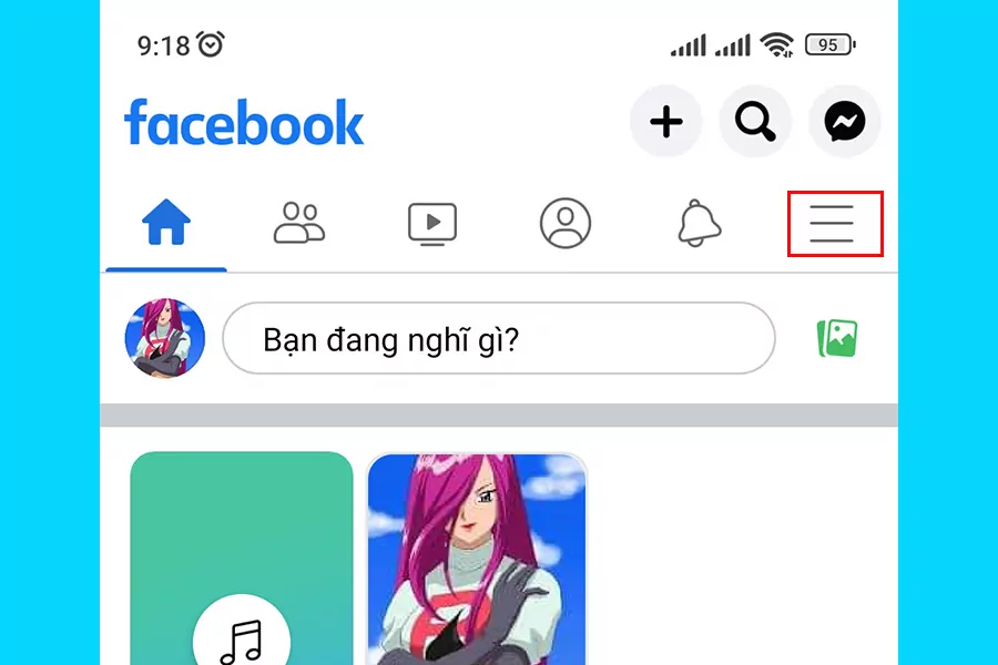 Nhấn vào 3 dấu gạch ngang ở góc trên bên phải giao diện Facebook