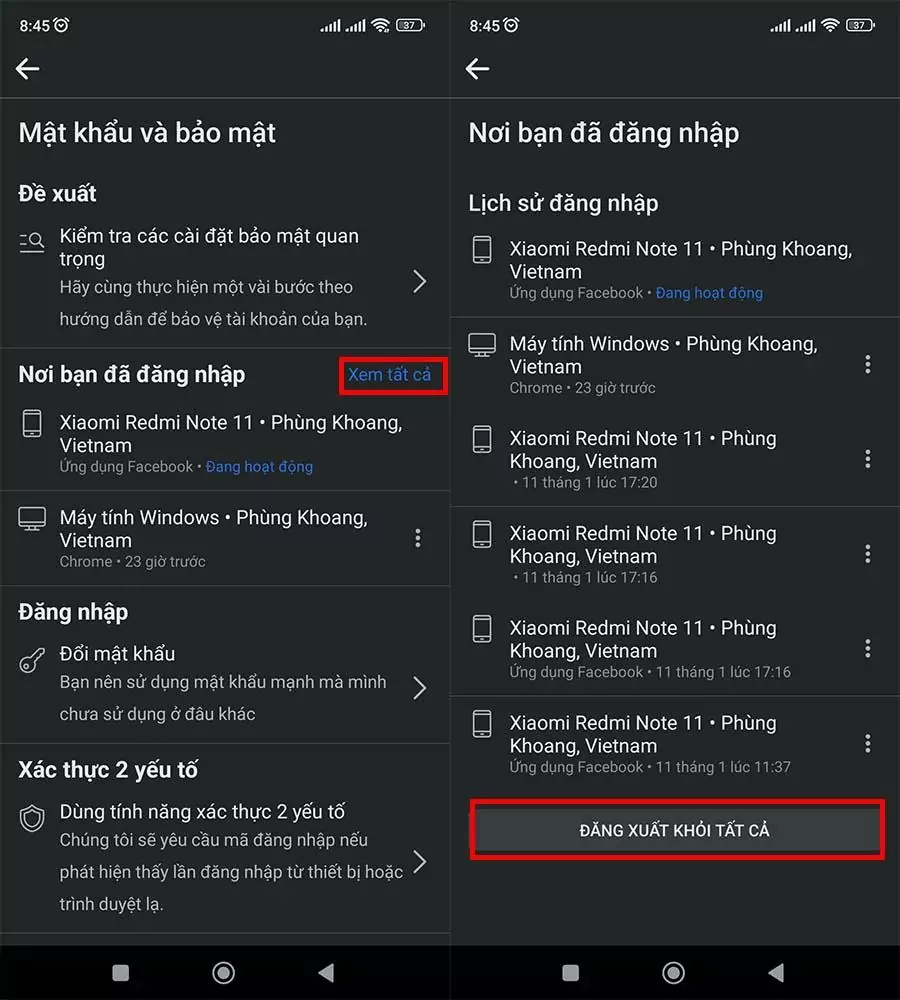 Chọn Đăng xuất khỏi tất cả thiết bị