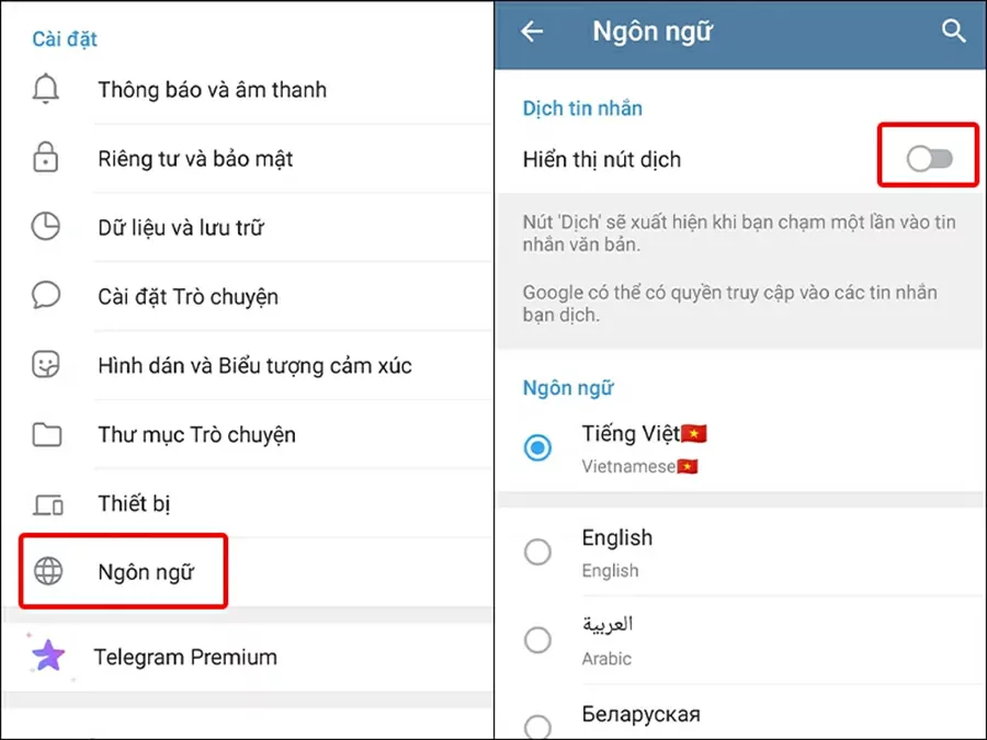 Chọn Hiển thị nút dịch để bật tính năng Dịch tin nhắn trên Telegram