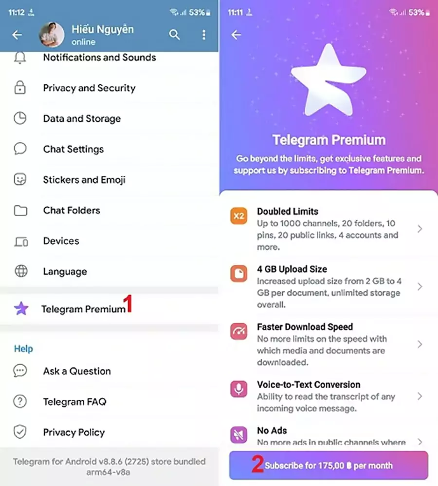 Chọn Đăng ký Telegram Premium