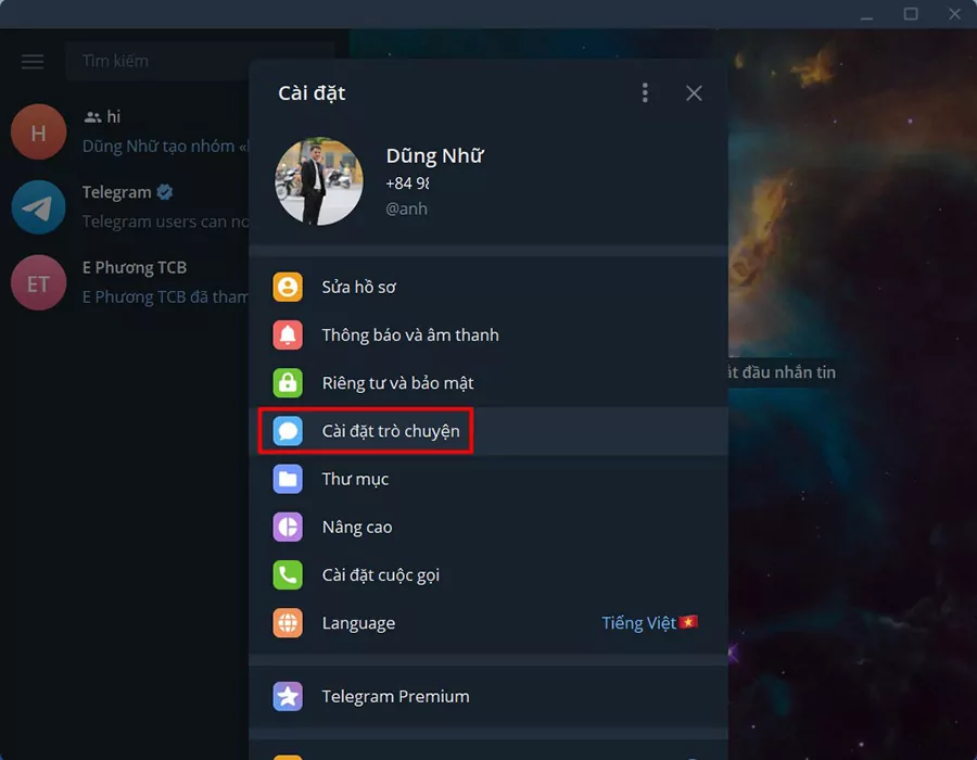 Nhấn vào Cài đặt trò chuyện