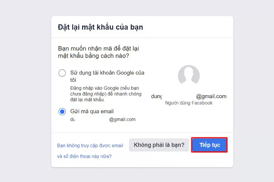 Nhấn Tiếp tục để nhận mã xác nhận