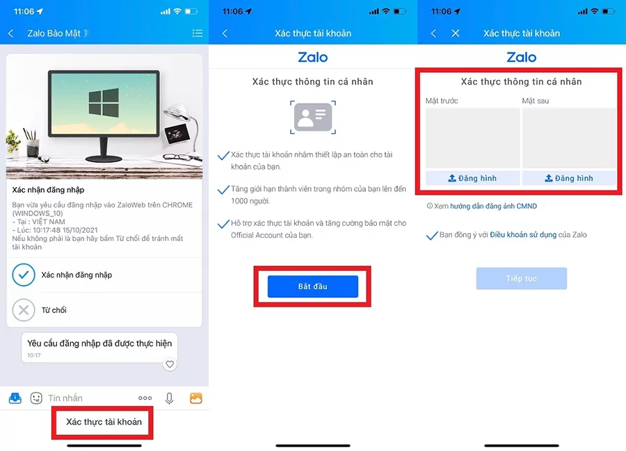 Tải lên ảnh giấy tờ tùy thân để xác thực tài khoản Zalo