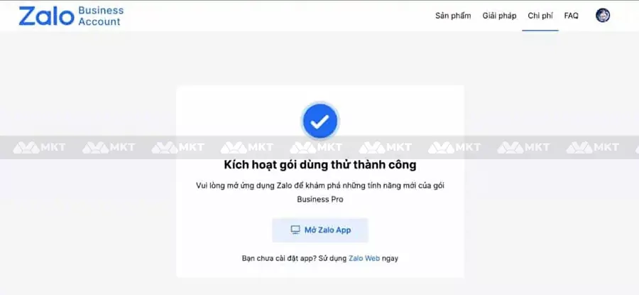 Đăng ký tài khoản Business Zalo thành công