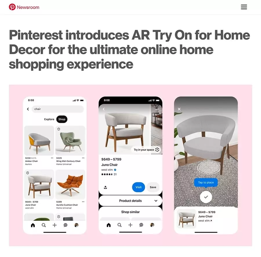Công nghệ AR của Pinterest cung cấp cho người tiêu dùng khả năng thử đồ nội thất, son môi và phấn mắt trong không gian riêng của họ
