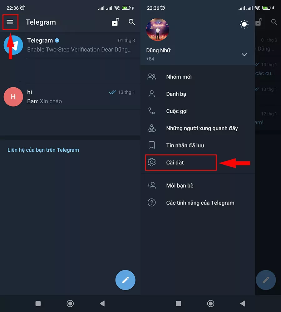 Mở ứng dụng Telegram => chọn Cài đặt
