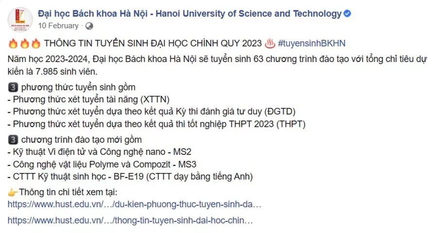 Mẫu content tuyển sinh của Đại học Bách khoa Hà Nội